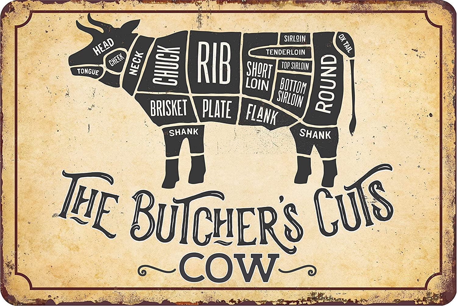 Metal Sign - The Butcher's Cut COW - Durable Metal Sign - Use Indoor/Outdoor - Makes Great Meat Shop and Kitchen Decor Under $25 (12