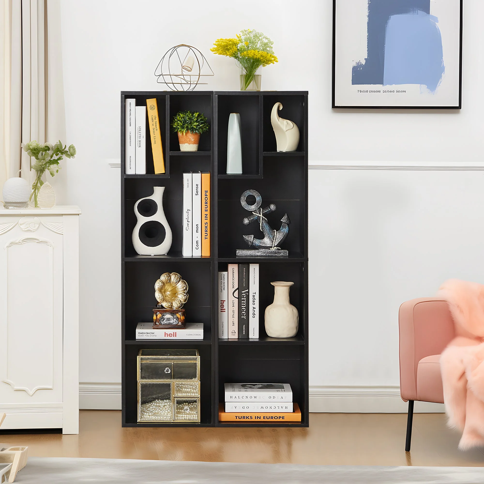 VECELO 4 Cubes Bookcase Set of 2, Modern 3-Tier Storage Organizer Wood Bookshelf for Home Office Study Living Room, Black