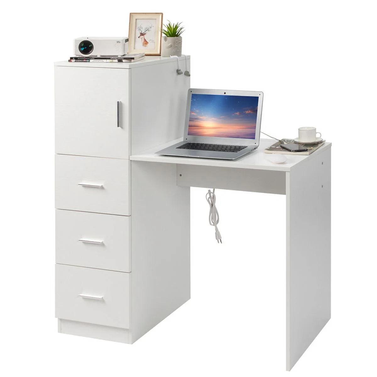 SYTHERS Office Desk with 3 Storage Drawers & Door, Computer Desk with 2 USB & 2 Power Sockets, Hold Up to 220 Ibs, White