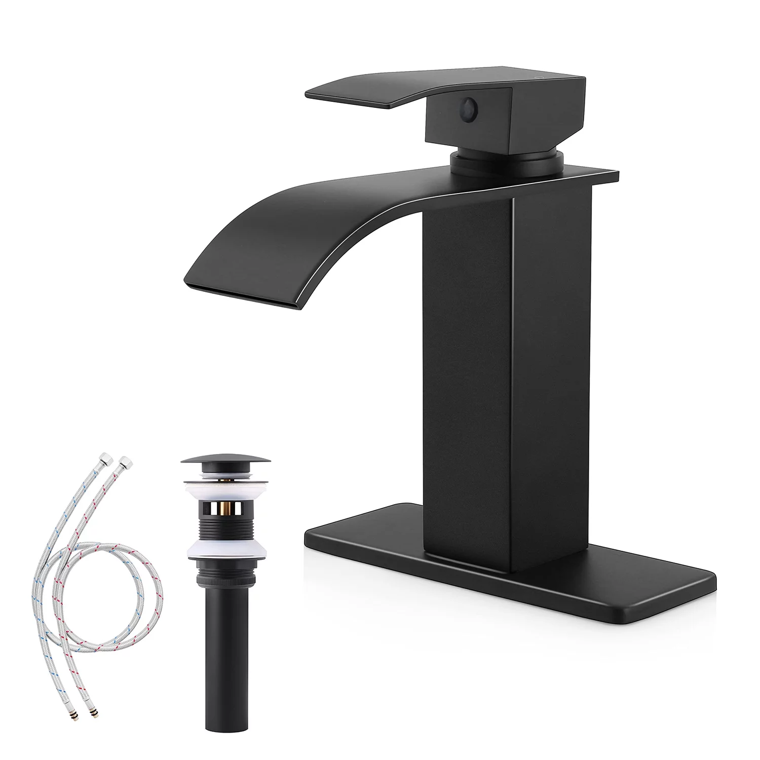 Vesteel Black Bathroom Faucet, 18/10 Stainless Steel Single Handle Waterfall Spout Bathroom Sink Faucet with Deck Plate and Pop-up Drain