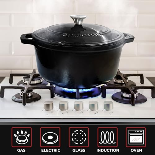 Mueller 6qt Enameled Cast Iron Dutch Oven, Heavy-Duty Casserole and Braiser Pan with Lid and Knob, Oven-Safe up to 500° F & Across All Cooktops, White