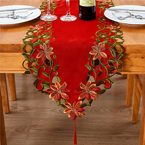 AMARED Christmas Embroidered Table Runners Cutwork Green Leaves Holiday Table Linens for Christmas Decorations 15x87 Inch