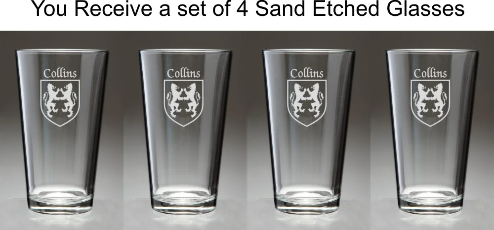 Collins Irish Coat of Arms Pint Glasses - Set of 4 (Sand Etched)