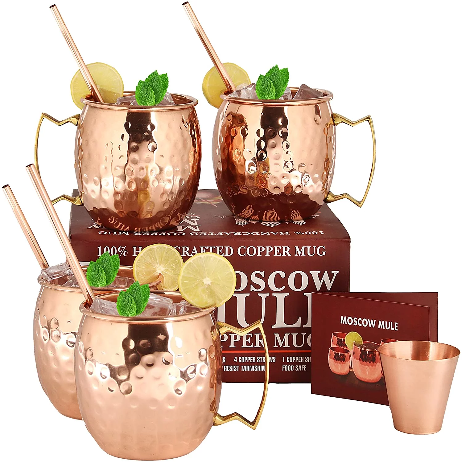 A29 Moscow Mule 4 Handcrafted Copper Mugs & 4 Copper Straws & Shot Glass