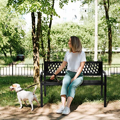 VINGLI Outdoor Metal Bench w/PVC Back - Black Garden Park Bench for Yard, Lawn, Decor, Deck, Entryway, Porch