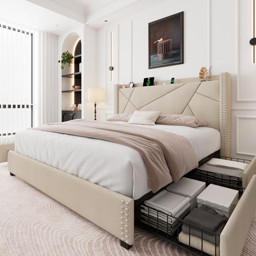 Feonase King Size Platform Bed Frame with 4 Storage Drawers, Upholstered Bed Frame with Charging Station, Solid Wood Slats Support, Beige