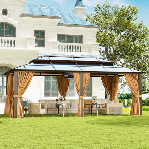 Aoxun 12'x16' Hardtop Gazebo, Aluminum Frame Permanent Pavilion with Curtains and Netting, Outdoor Polycarbonate Double Roof Canopy, Designed for Garden, Lawns, Patio