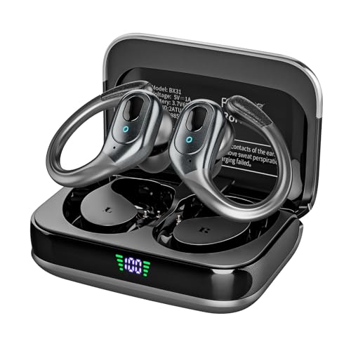 Wireless Bluetooth Earbuds, 75Hrs Playback, LED Display Charging Case, Ear Hooks, IPX7 Waterproof, Over-Ear Design for Sports, Running, Workout Black