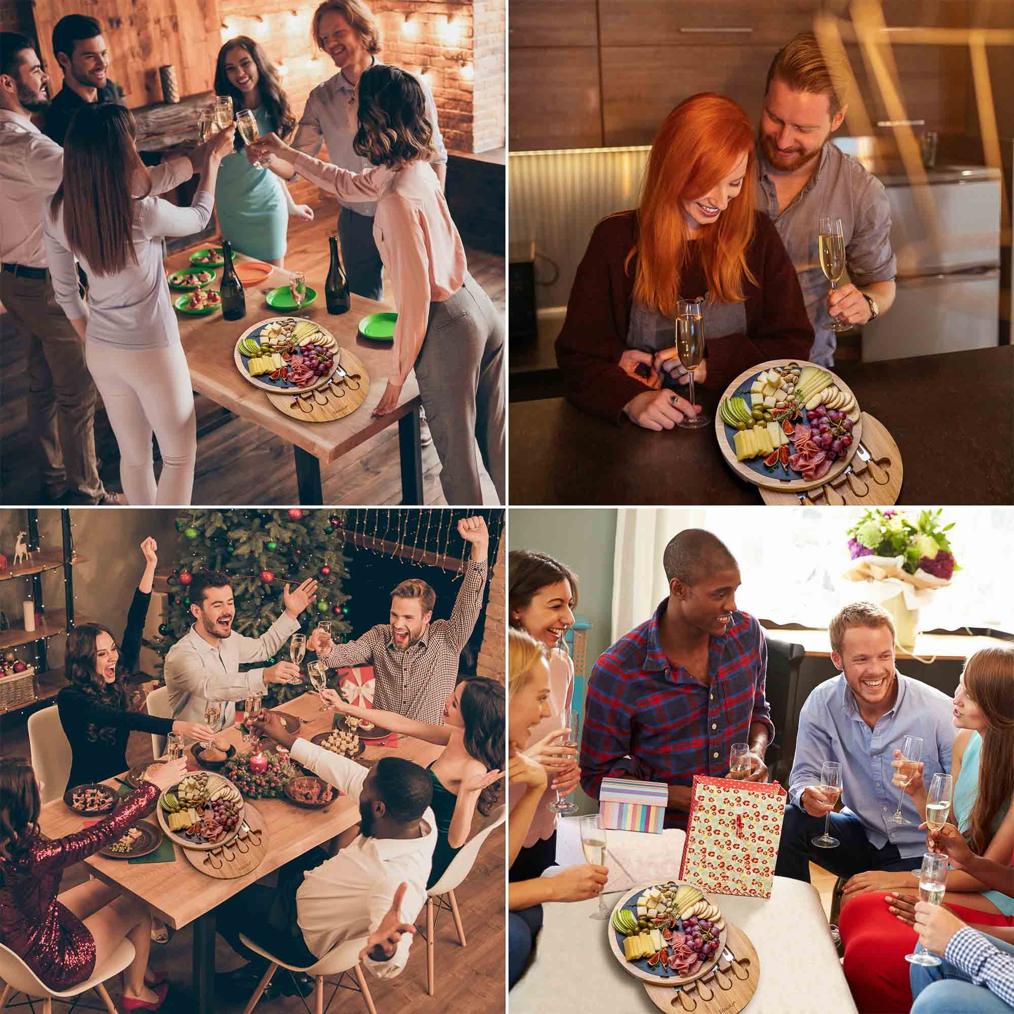 BlauKe® Bamboo Cheese Board with Knife Set and Slate – 12 inch Round Charcuterie Board, Serving Tray, Platter, Wood Cheese Board Set – Gift Idea