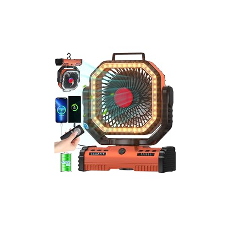 ADUST 12 Inch Camping Battery Operated Powered Fan with LED Lantern Light,40000mAh Rechargeable Portable Oscillating Fan with 360° Rotation Hanging Hook for Tents, Cordless USB Desk Fan(Orange)