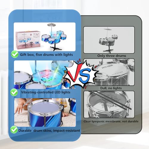 Kids Drum Set for Toddlers (15-Piece), Drum Set for Kids Age 3-5, Musical Toys for Boys Girls, Birthday for Kids, Drum Kit Instrument for Beginner Music Practice w/ 4 Lights