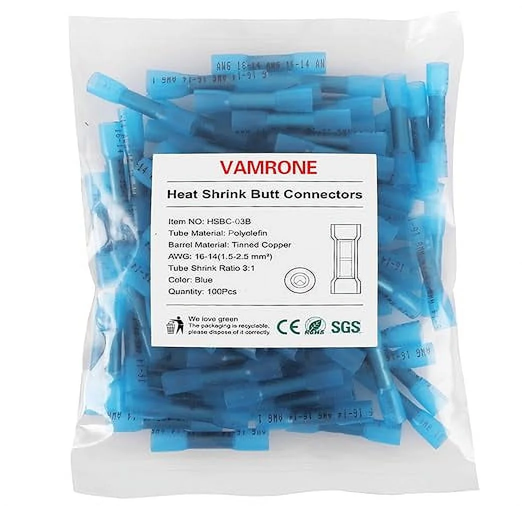 Heat Shrink Butt Wire Connectors, 100Pcs 16-14 AWG Blue Insulated Waterproof Electrical Wire Connectors Automotive Marine Grade Wire Crimp Terminals Butt Splices, Ideal for Boat, Truck, Stereo Blue