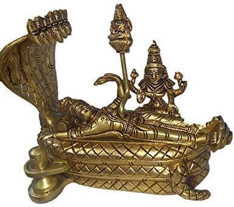 AONA Anantha Padmanabha Idol (Anantha shayanem), Shri Lakshmi Narayan Idol, Maha Vishnu Padmanabhaswamy Brass Statue - 12.8 cm Height, 15.5 cm Length,Golden Color