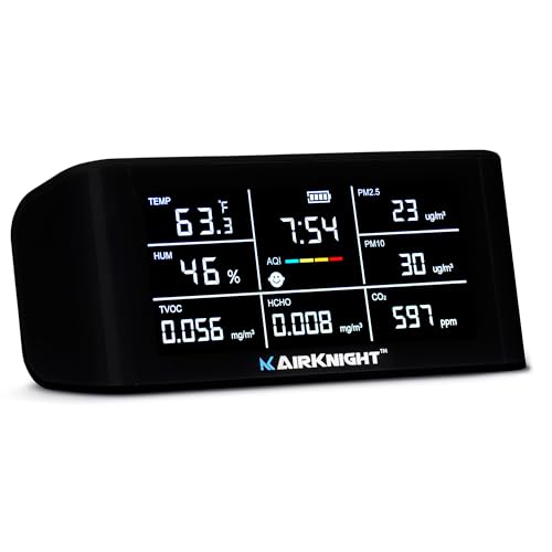 AirKnight Premium Indoor Air Quality Monitor Indoor & Air Quality Sensor. VOC detector, CO2 Monitor, Formaldehyde Detector HCHO, AQI, PM2.5, PM10 Temperature Humidity Air Monitor AQI CO2 Meter Gas Off