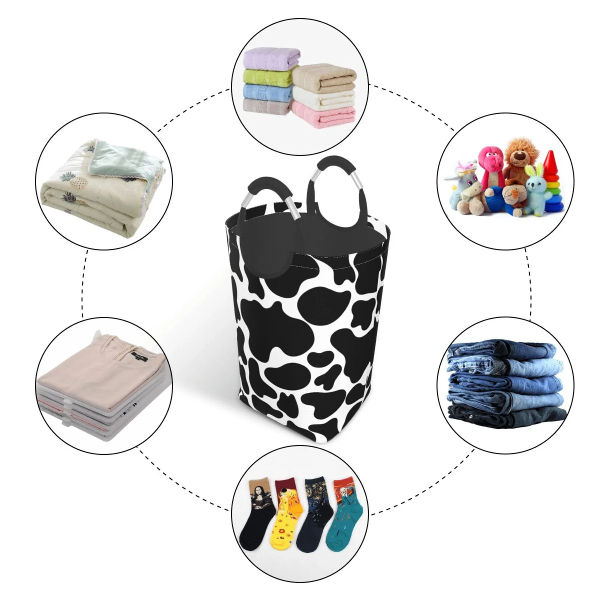 TEQUAN 50L Large Rectangular Laundry Hamper with Aluminum Handles, Abstract Black and White Cow Stria Prints Waterproof Foldable Dirty Clothes Basket