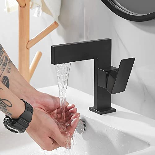 KunMai Matte Black Ultra-Thin Bathroom Vessel Sink Faucet, Single Handle Waterfall Bathroom Faucets, Solid Brass 1-Hole Lavatory Vanity Sink Faucets Taps for Washstands (Black)