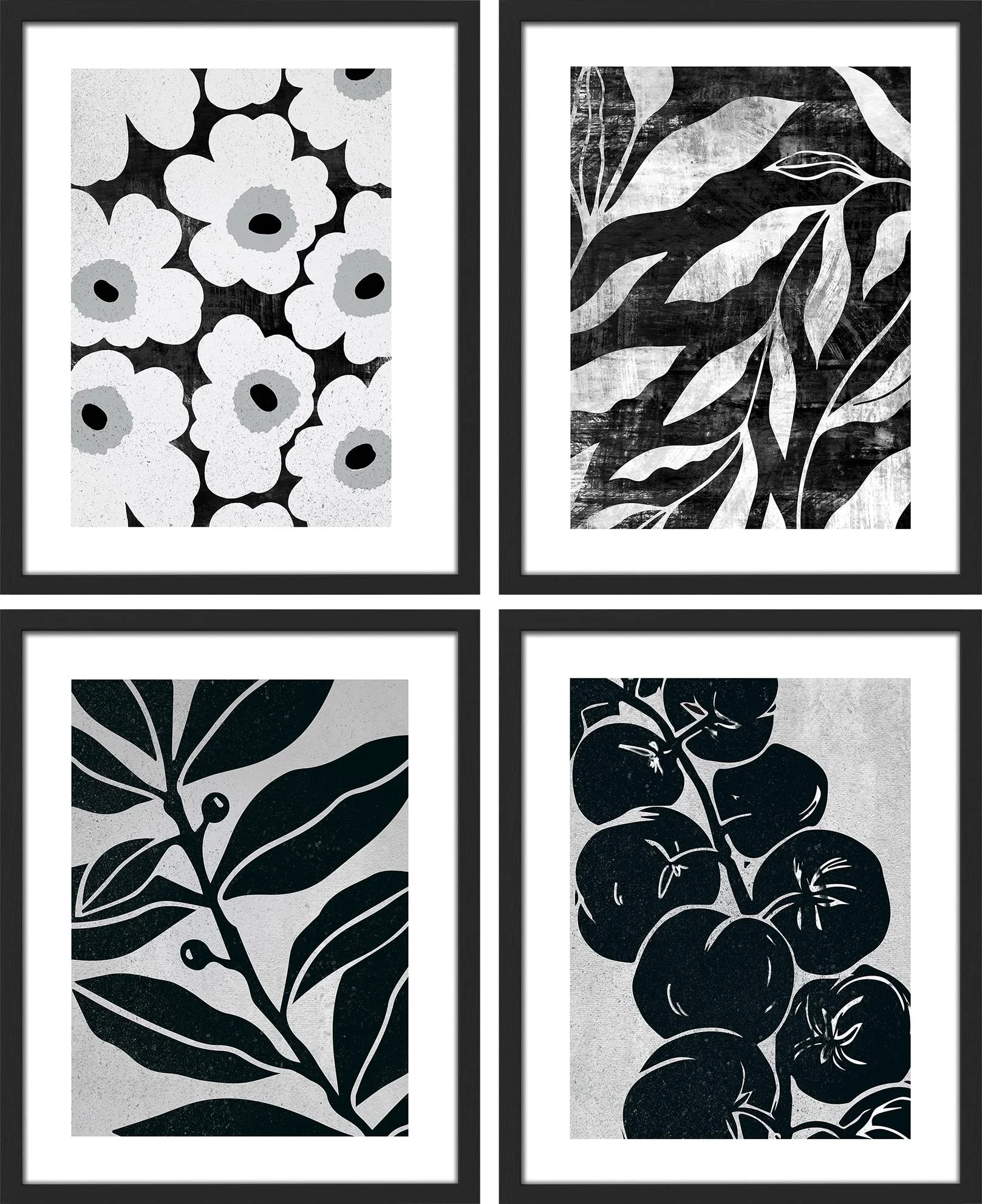 PixonSign Framed Wall Art Black & White Daisy Flower Plant Leaf Fruit Posters, Set of 4 Floral Botanical Canvas Prints, Nature Wilderness Wall Décor for Home Decor - 8