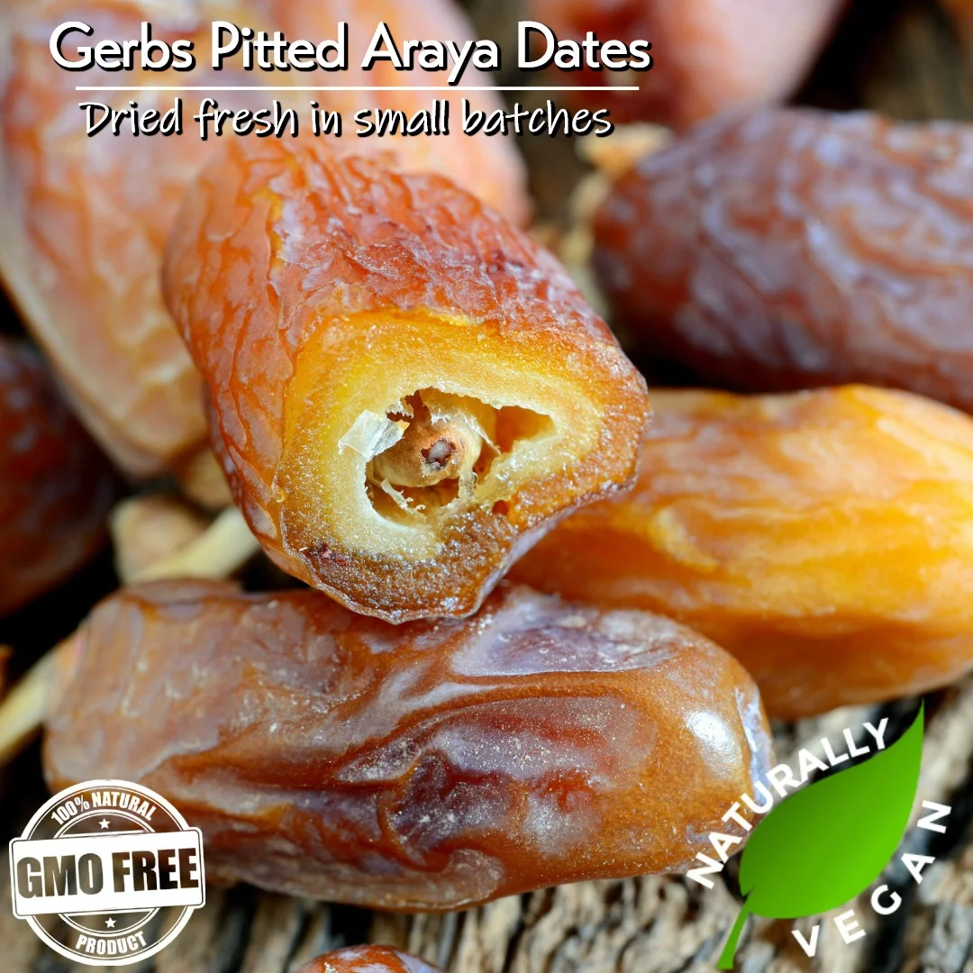 GERBS Dried Araya Dates 2 LBS. Pitted | Freshly Dehydrated Resealable Bulk Bag | Top Food Allergy Free | Sulfur Dioxide Free | High Fiber, Natural Sweetener & Antioxidant rich | Gluten & Peanut Free