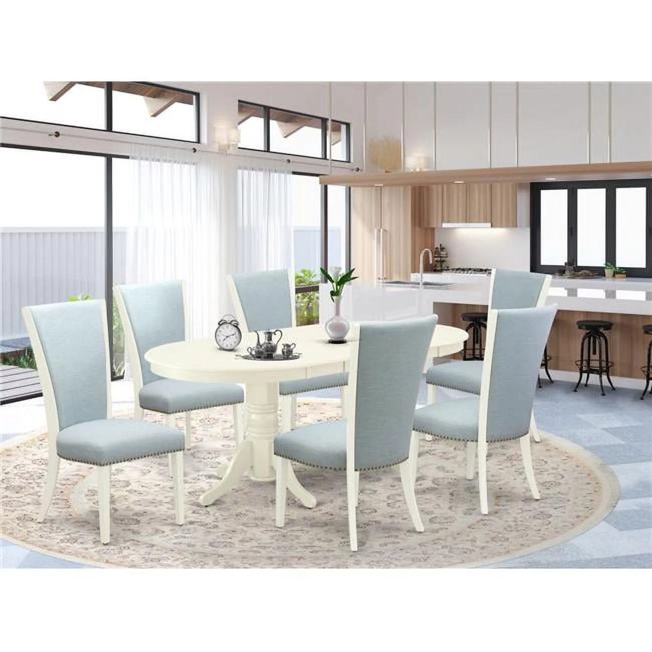 Vancouver Dining Set - Linen White & Baby Blue, Set of 6