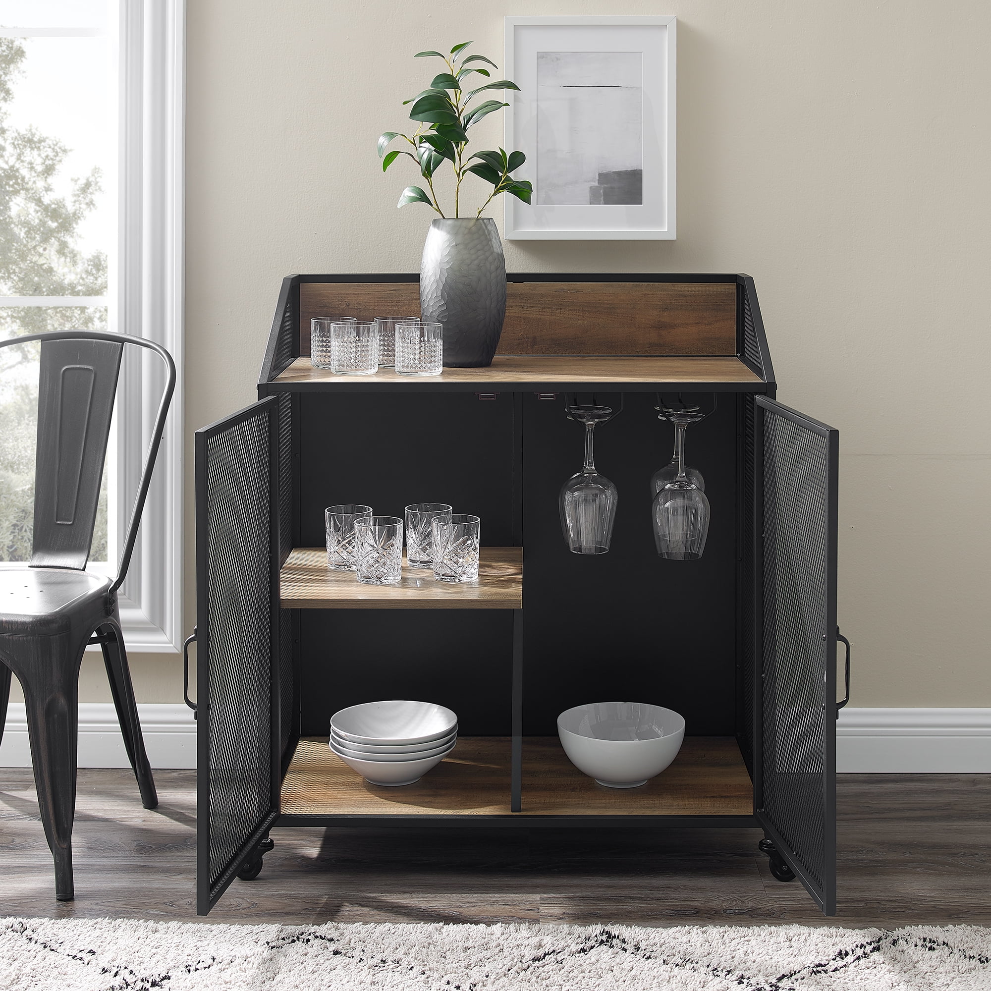 Walker Edison Industrial Bar Cabinet with Wheels, Reclaimed Barn wood