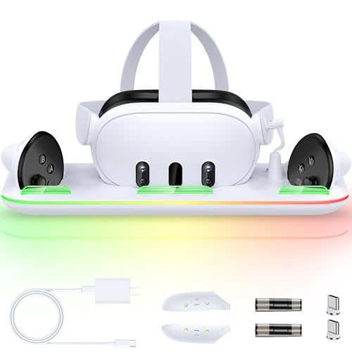 Charging Dock & Headset Stand for Meta Quest 3/3s, Fast Charging Station with 2 Controller Rechargeable Batteries, All-in-One Storage with 14 Lighting Modes for VR Headset Accessories & Controllers