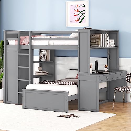 Ball & Cast Twin Size Loft Bed with Built-in Desk & Wardrobes,Wood Bedframe W/ 4 Drawers & 4 Shelves,Space Saving,No Box Spring Needed,Versatile Storage Bedroom Furniture for Boy Girl Teen Adult,Gray