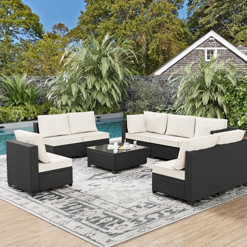 8-Person Rattan Patio Conversation Sets Outdoor Furniture Set Sectional Sofa Group（Cushions Color: Beige and White Stripe）