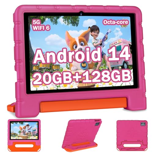 2025 Kids Tablet 10 inch Android 14 Tablets for Kid Octa-Core, 20GB+128GB (TF 1TB), Toddler Tablet with Shockproof Case, 2.4G+5G WiFi 6, Parental Control, Face Unlocked, Split Screen, BT5.0 (Blue)