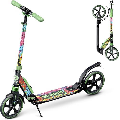 Skidee Adult & Teen Scooter Adjustable Height, Folding, Large Wheels, Lightweight, Durable, Anti-Shock Suspension, Up to 220 lbs
