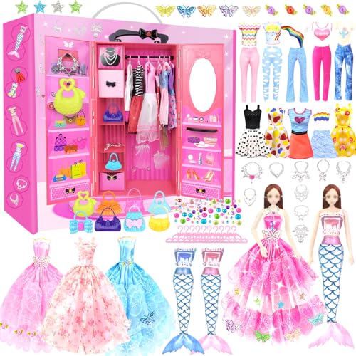 75PCS Doll Clothes and Accessories with Closet for 11.5 Inch Doll - Fashion Design Set Including Wedding Dress Fashion Dresses Outfits Tops and Pants Hangers Bags for Girls