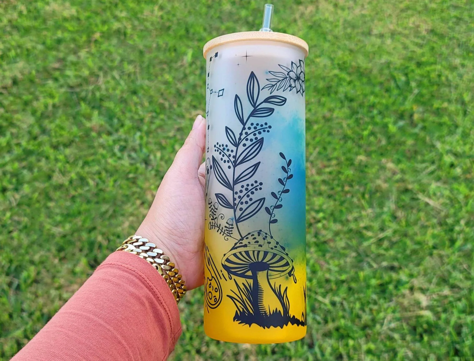 Mushroom Beer Can Glass | Boho Mushroom Coffee Glass | Aesthetic Coffee Glass | 24 oz