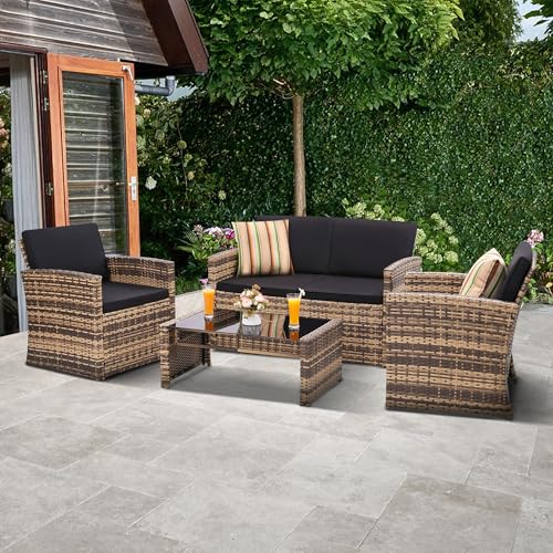 8 Pieces Outdoor Wicker Rattan Patio Furniture Sectional Set, Glass Top Table with Hidden Storage, 7 Sofa Sections, Oversized Cushions, Natural Color Rattan with Black Cushion