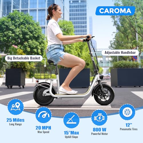 Caroma Peak 800W/1200W Electric Scooter with Seat, 48V Battery up to 30Miles&20MPH, Foldable Electric Scooter for Adults and Teens, Commuter Ebike with Basket&Adjustable Seat