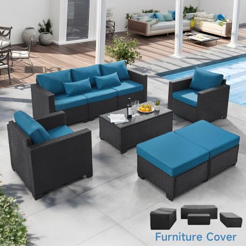 6 Pieces Outdoor Patio Furniture Sets with Furniture Cover, PE Rattan Wicker Patio Conversation Set with Tea Table (Peacock Blue, Rattan Storage Table)