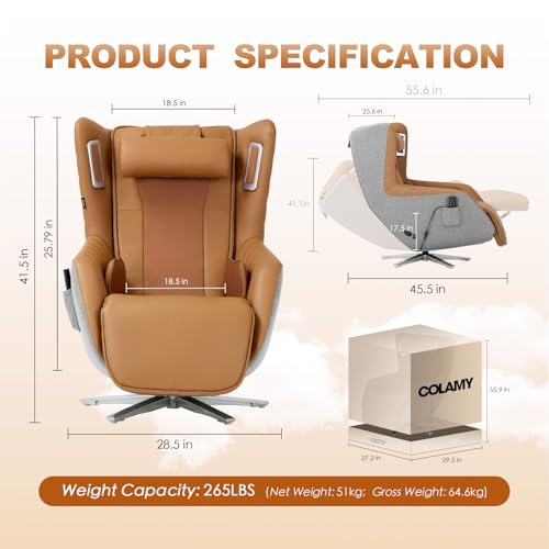 COLAMY Zero-Gravity Massage Chair | Massage and Leisure Dual-Use Chair,360° Swivel,Heat, Low-Noise 3D Bluetooth Speaker | Living Room（Brown