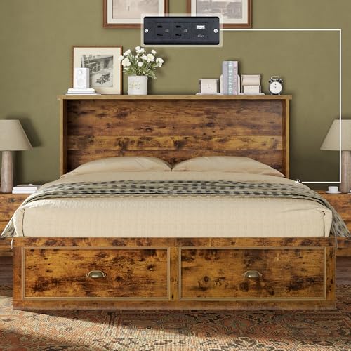 AMERLIFE Queen Size Murphy Bed, Farmhouse Wooden Cabinet with Charging Station and Storage Drawer for Bedroom/Office/Guest Room, Rustic Brown