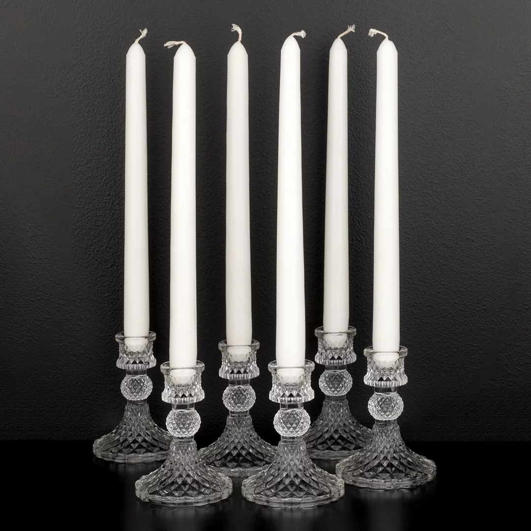 Koyal Wholesale Vintage Glass Taper Candle Holders, Mid Century Modern Decor Holiday Centerpiece Wedding Dinner, 6-Pack