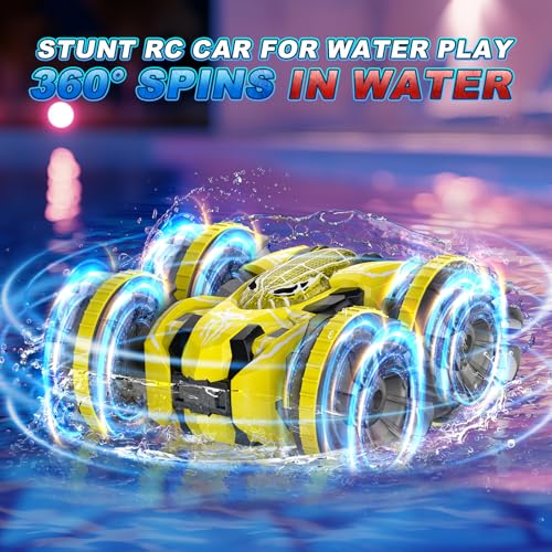 Waterproof Remote Control Car，4WD Amphibious 2.4 GHz RC Car Remote Control Boat，360°Rotation RC Stunt with LED Lights，Boys Girls Gifts All Terrain Water Beach Pool Toy