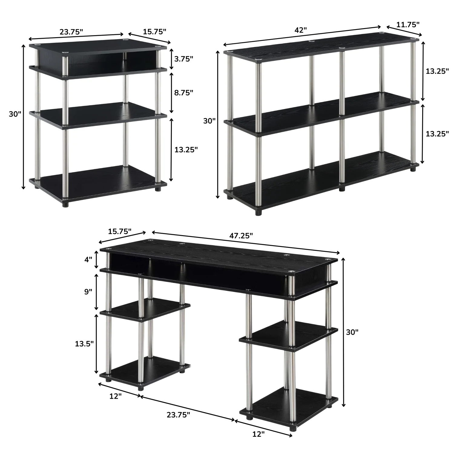 Designs2Go Desk with Printer Stand and Console Table Set in Black Wood Finish