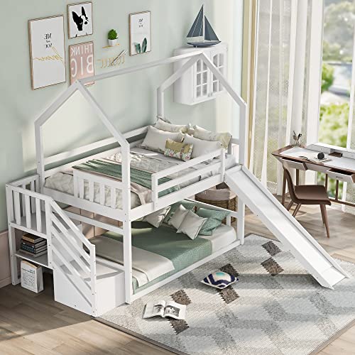 Twin Over Twin Bunk Bed with Slide, Solid Wood House Bunk Bed Frame with Storage Staircase and Safety Guardrail for Kids Teens Adults, White