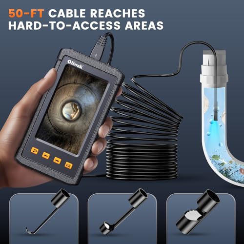 50FT Endoscope Camera with Light, Oiiwak Snake Borescope Endoscope Inspection Camera for Pipe Sewer Drain Plumbing Inspection 1080P HD 4.3