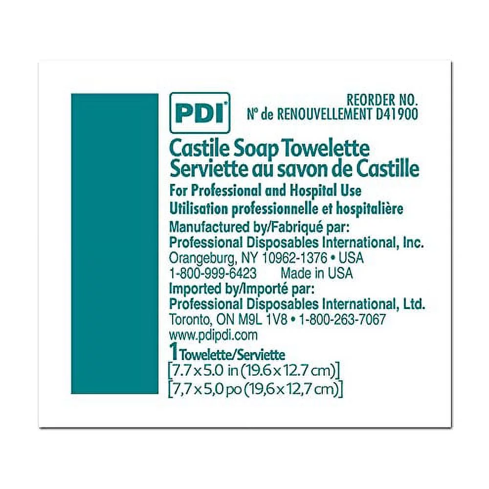 PDI Castile Soap Towelette - Premoistened Facial Cleansing Wipe with Coconut Oil, Great for Travel - Individual Packet, 7.7 in. x 5in., 100 Count, 3 Packs, 300 Total