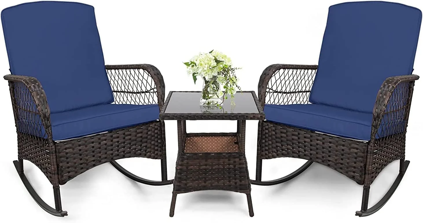 LEVELEVE 3 pcs Rocking Bistro Set Conversation Chairs PE Wicker Outdoor Rocking Chairs & Glass Table,for Porch Lawn Garden Backyard Deck(Green)