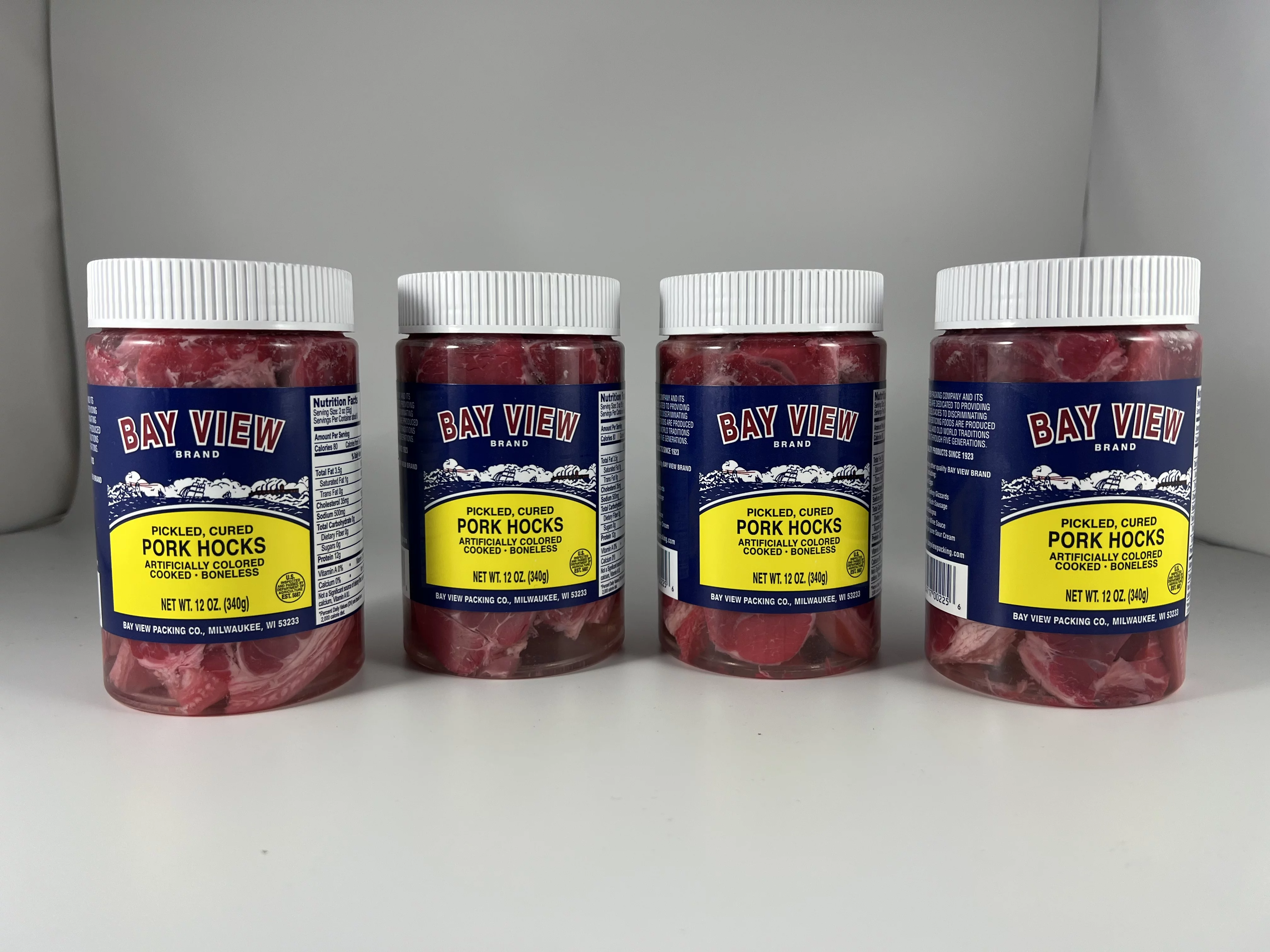 Bay View Brand Gourmet Pickled Pork Ham Hocks Boneless Ham 12oz (4 Shatter Proof Jars)