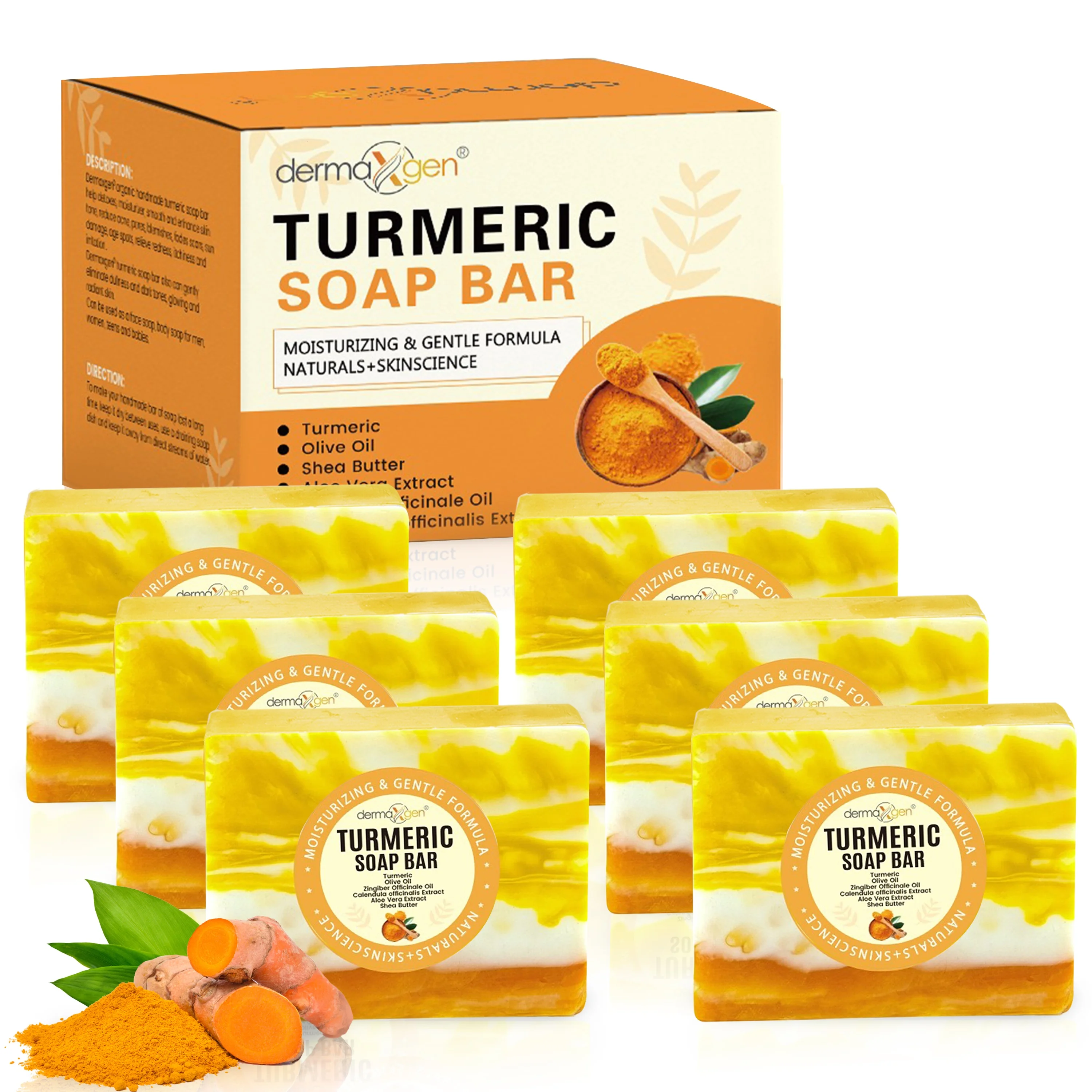 Organic TURMERIC Soap Bar  Face & Body Cleanser Reduce Acne, Radiant Skin, Evens Tone, Fades Scars, Sun Damage, Age Spots - 3.5 OZ (Pack 6)