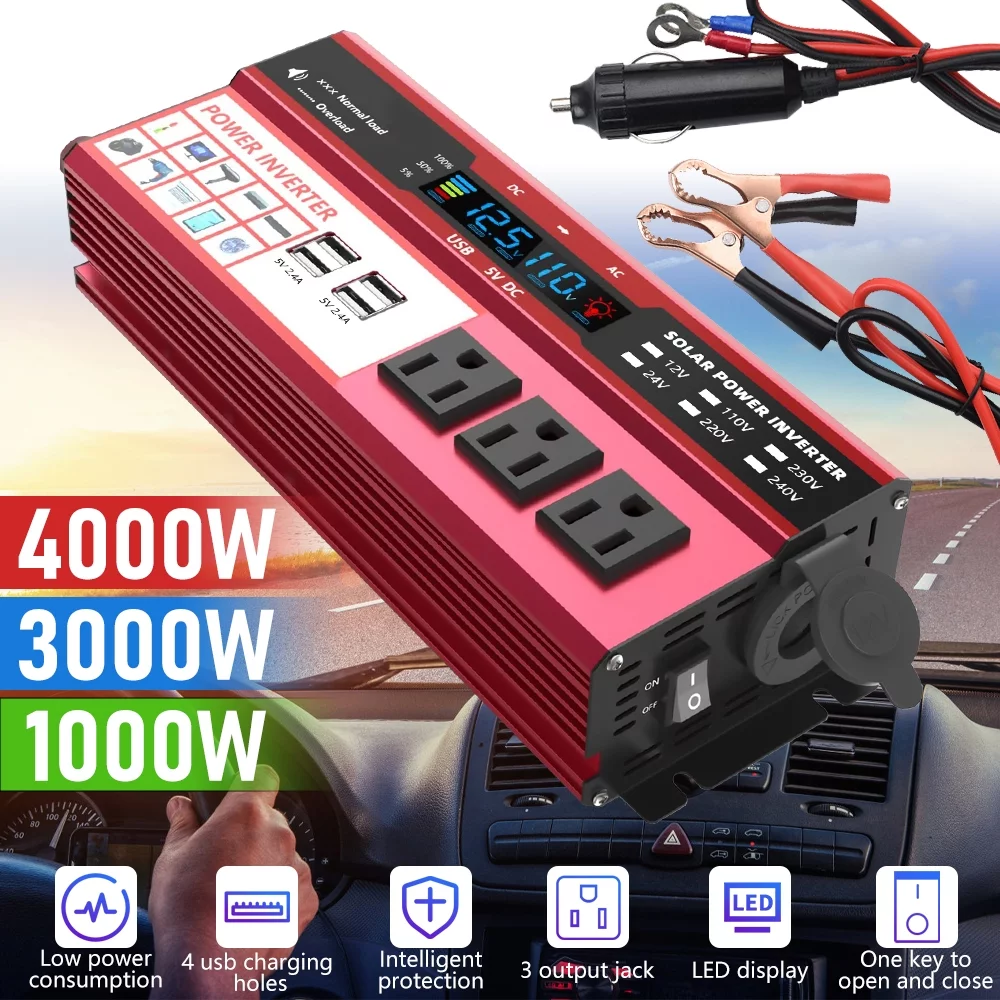 3000W Car Power Inverter, Modified Sine Wave Inverter DC 12V to AC 110V 3 AC Converter with LCD Display, 4x2.4 A USB Ports Car Charger, 1 Cigarette Lighter Ports, Red
