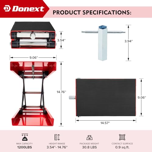 Donext Motorcycle Lift Scissor Jack, 1200 LB Capacity Wide Deck Hoist Stand Maintenance Bikes ATVs Garage Repair Center Stand Lift Jack, Red