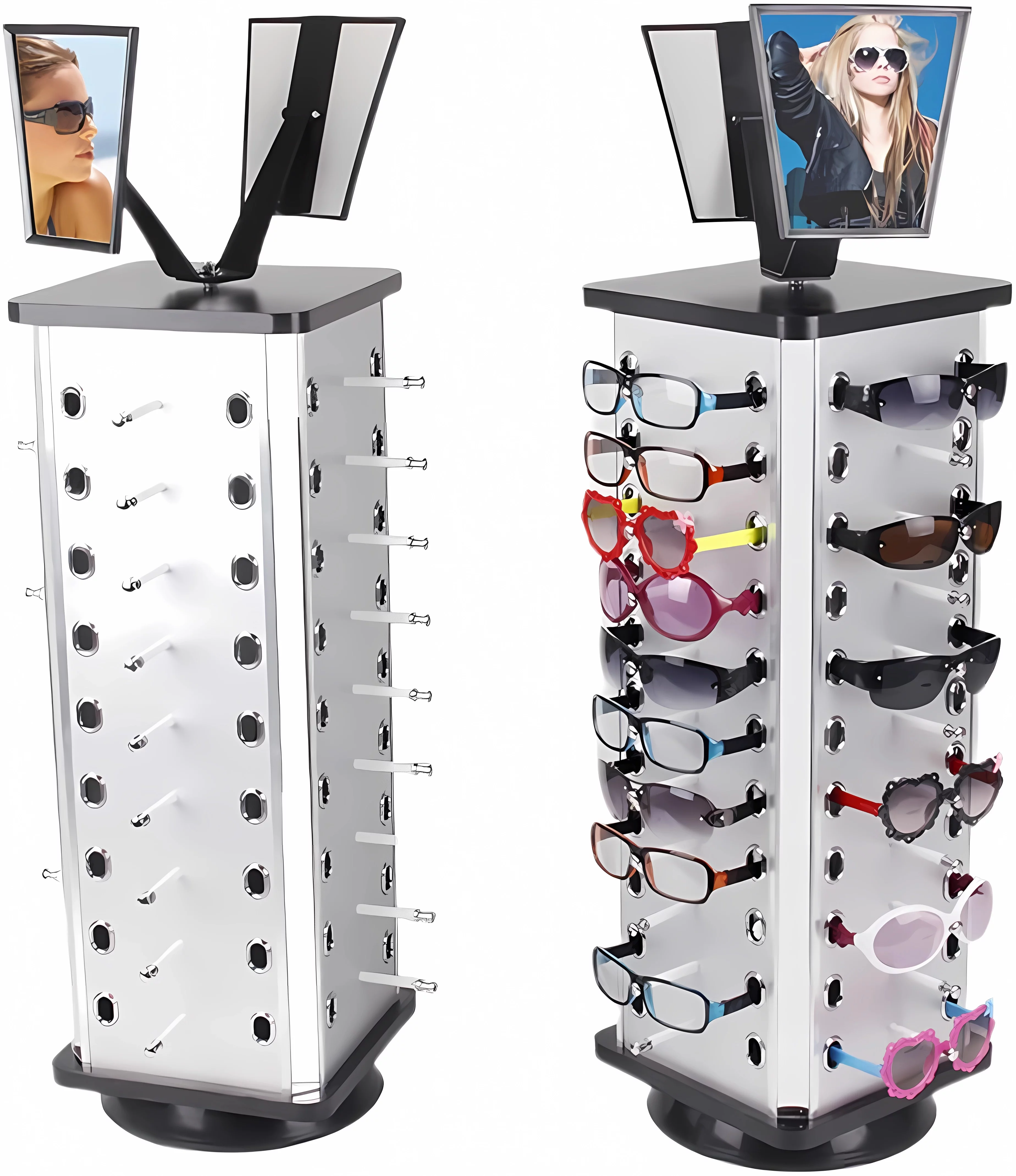 Uyoyous 360° Rotating Sunglass Display Stand Rack, 44 Pairs Square Glasses Holder with Two Mirrors