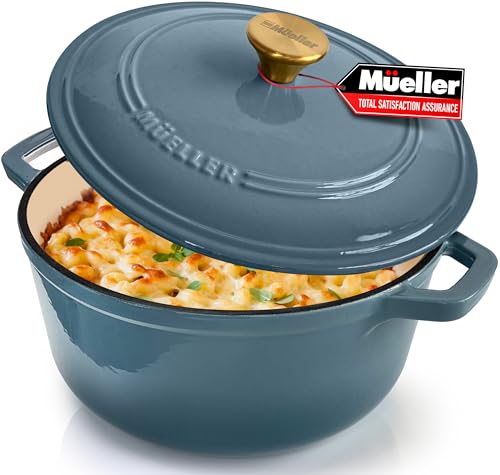 Mueller 6qt Enameled Cast Iron Dutch Oven, Heavy-Duty Casserole and Braiser Pan with Lid and Knob, Oven-Safe up to 500° F & Across All Cooktops, White