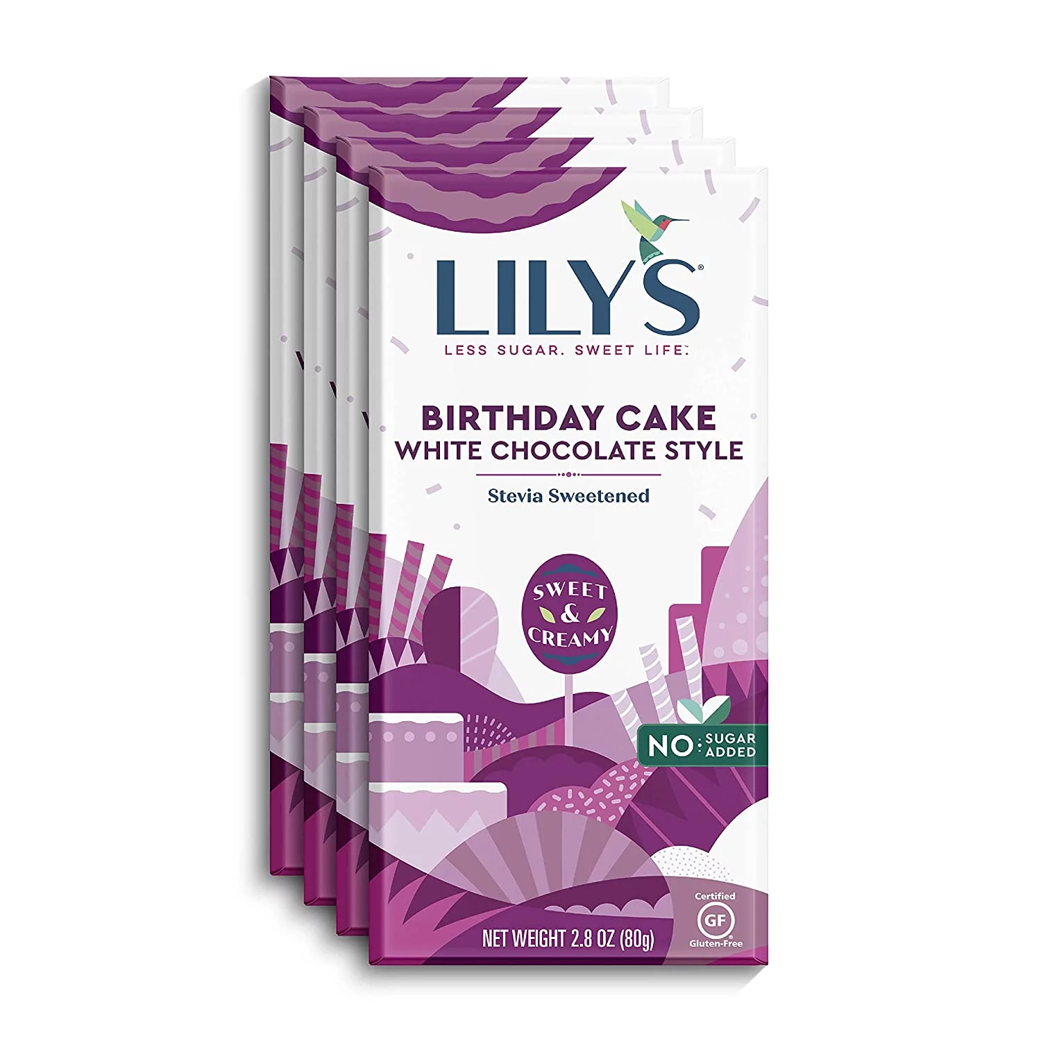 Birthday Cake White Chocolate Style Bar By Lily's Sweets | Made with Stevia, No Added Sugar, Low-Carb, Keto Friendly | Gluten-Free & Non-GMO 4pc